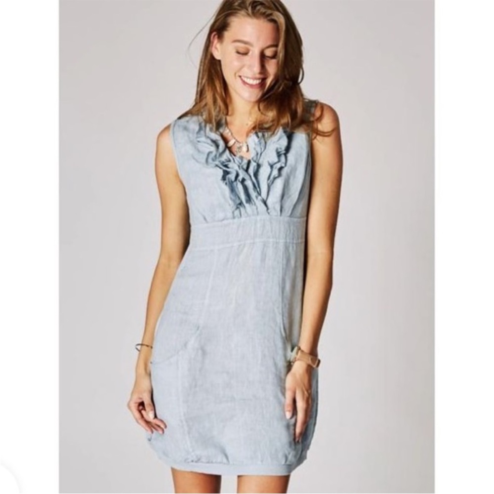Made in Italy NWOT Distressed  Blue Balloon Triple Ruffle Top linen Dress S/M